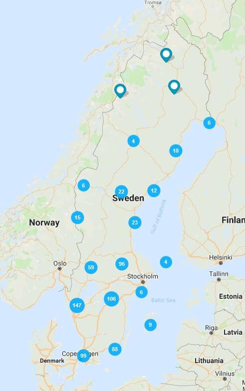 Kaart met Zweedse camperplaatsen