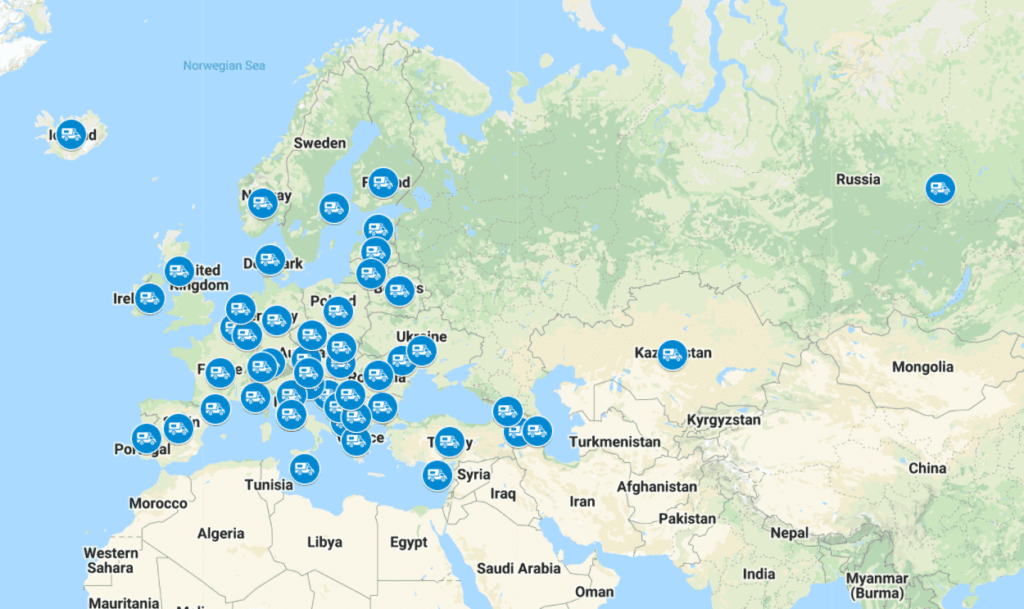 Meta-kaart Camperplaats kaarten per Europees land, verwijst naar My Maps kaarten op Googe Maps